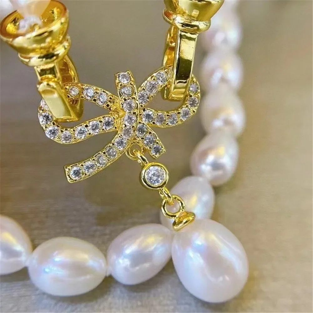 DIY Accessories 18K Gold-coated Copper-plated Real Gold Zircon Bow Pendant Buckle Pearl Necklace Bracelet Accessory Button