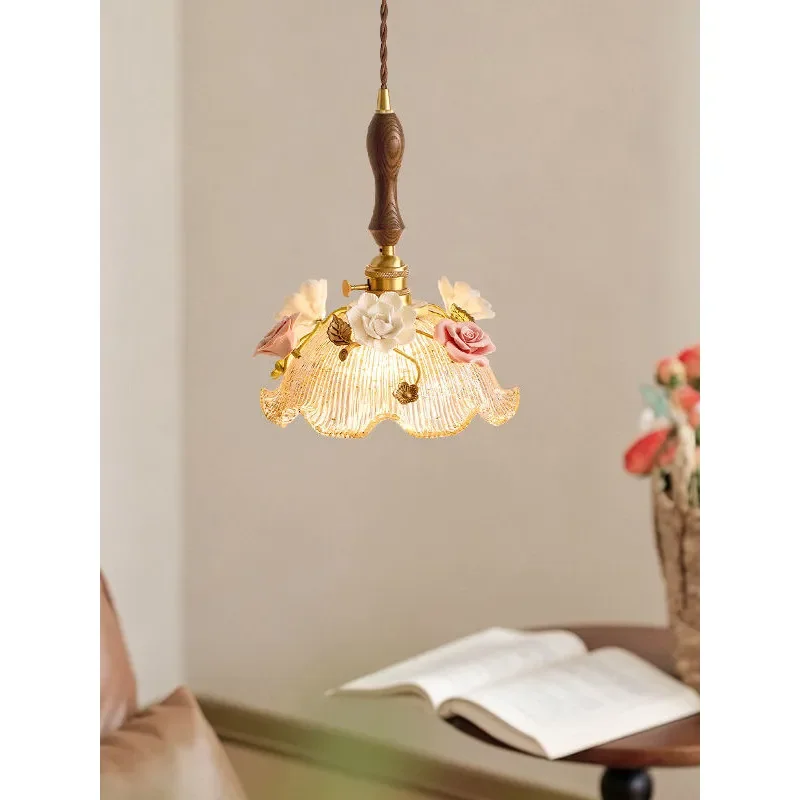 Vintage French Glass Bud Chandelier Medieval Style Small Pendant Light for Bedroom Bedside Bar Entrance Decorative Atmosphere