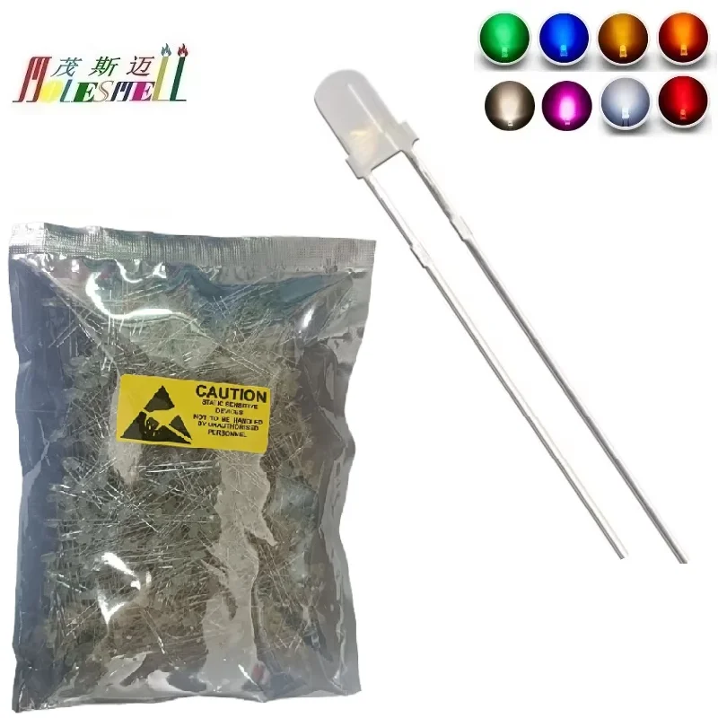 1000 Stück 3 mm LED-Lampen mit diffusem, milchigem Weiß, Rot, Gelb, Blau, Grün, Weiß, Orange, Lila, Rosa, warmweiße LED-Lampen-Lichtdioden