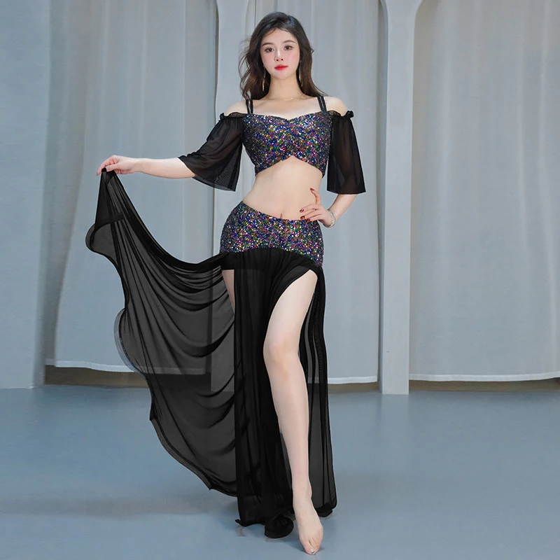 Elegante dança do ventre topos + saia conjunto feminino roupas de dança oriental lantejoulas senhora competição palco desempenho prática traje