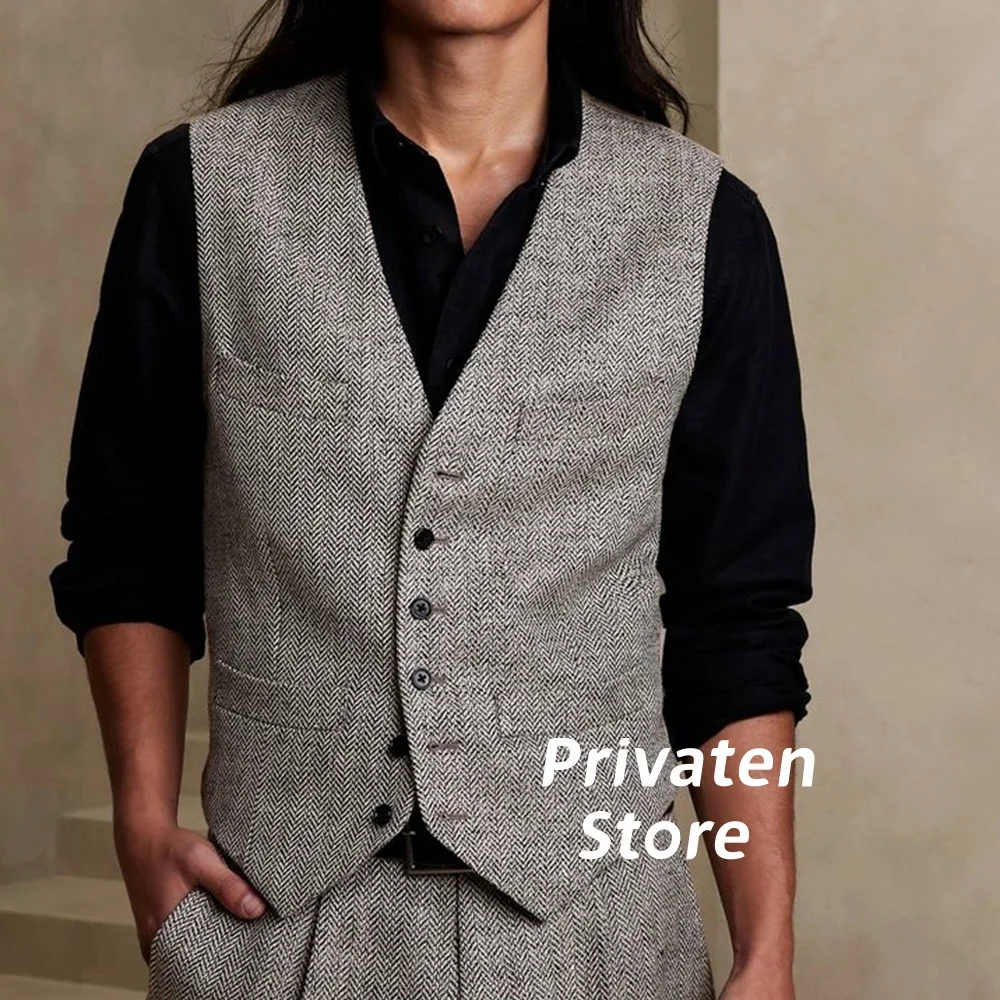 

Men's Suits Vest Herringbone Single - Breasted Gray Formal Business Tweed Slim Fit Waistcoat For Wedding Groomsmen chaleco