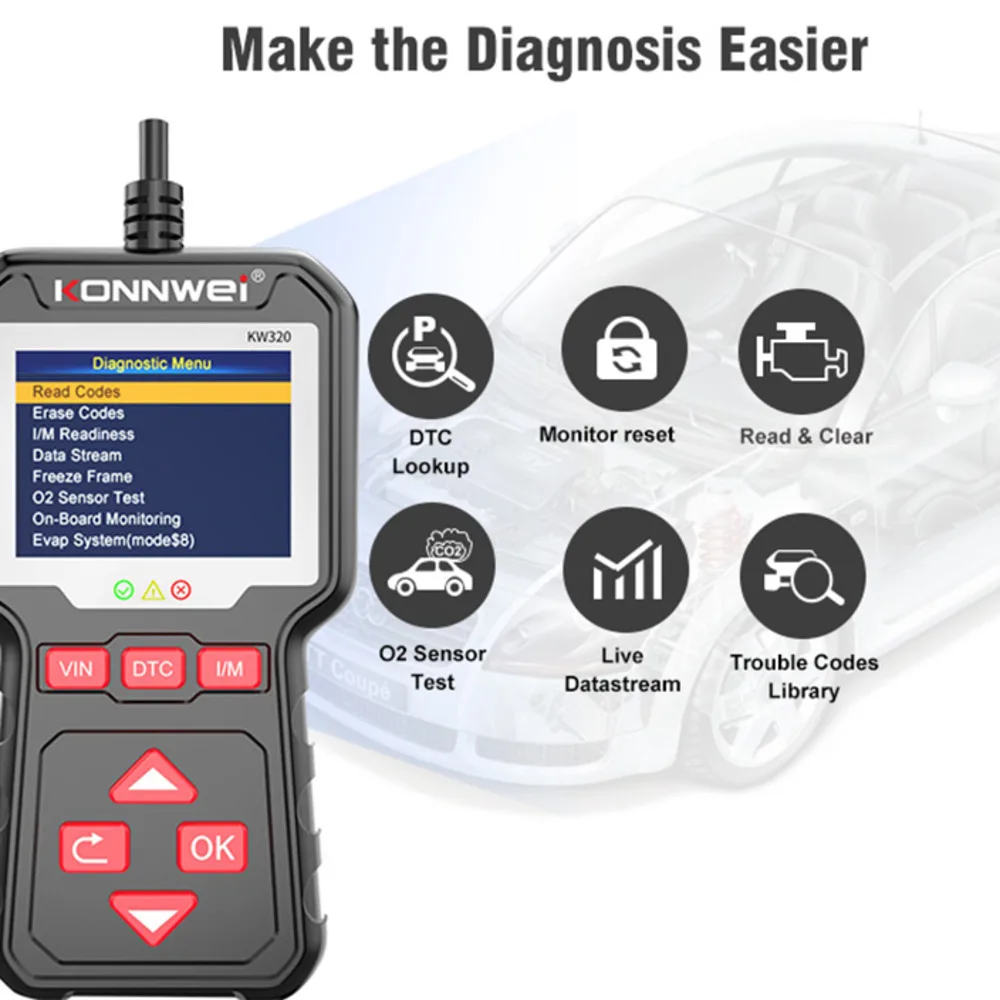 Automatic Car Fault Detector, KW320 OBD2, Car Water, Code Reader, OBD Diagnostic Tool, Engine Tester, Supporting 9 Languages