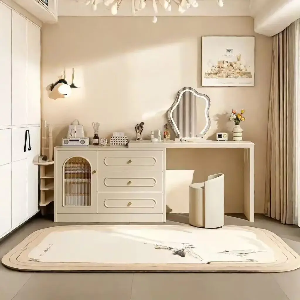#Modern 3-Drawer Vanity Dresser Combo with L-Shaped Desk White MDF Lighted Mirror Adjustable Makeup Dressing Table