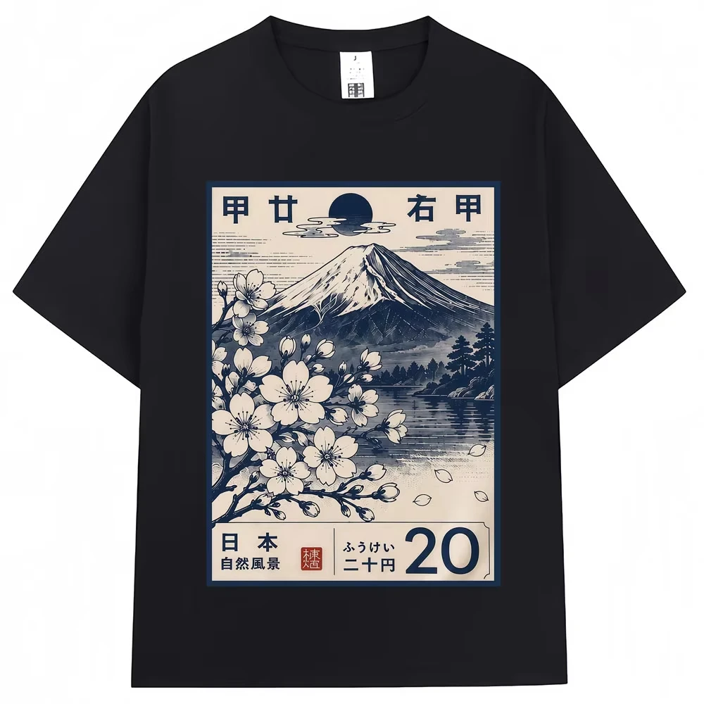 Japanese Style Mount Fuji Sakura Graphic T-shirt Men Women Vintage Fashion Popular T-shirts Oversized 100% Cotton Casual T Shirt
