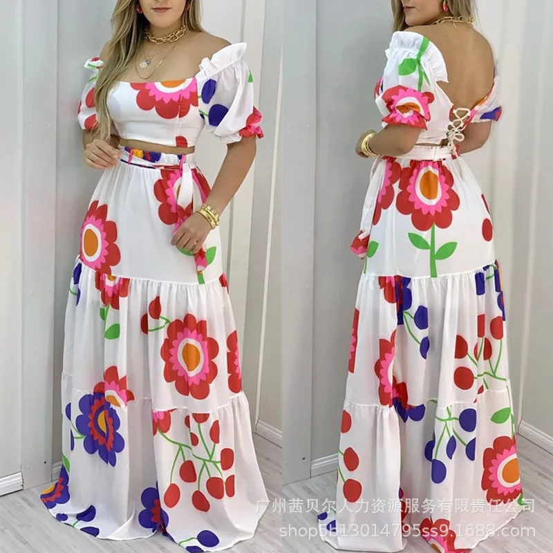 New Women 2pcs Clothes Set Short Sleeve Slash Neck Tank Top Cami High Waist Long Skirt Floral Flower Printed