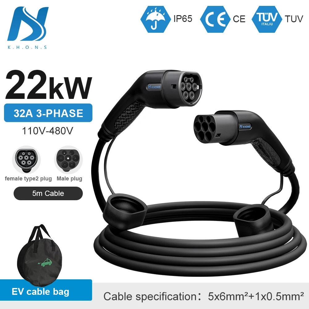 Khons Type2 To Type2 Ev Charging Cable 3Phase 32A Female To Male Plug 5M Cable 22kw IEC62196-2  EVES Charging Stations