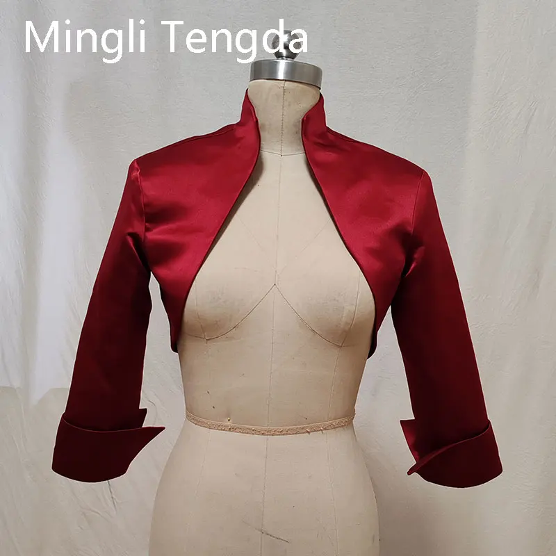 Mingli tengda bolero de casamento 3/4 manga borgonha/vermelho escuro, cetim/palmilha/jaqueta de noiva/pega/enrolar/chales, bolero feito sob encomenda