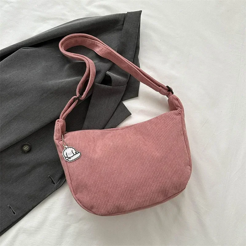 Black Corduroy Shoulder Bags for Women Canvas Small Single Velvet Crossbody Dumpling Bag Korean Ladies Casual Pink Choth Handbag image 5