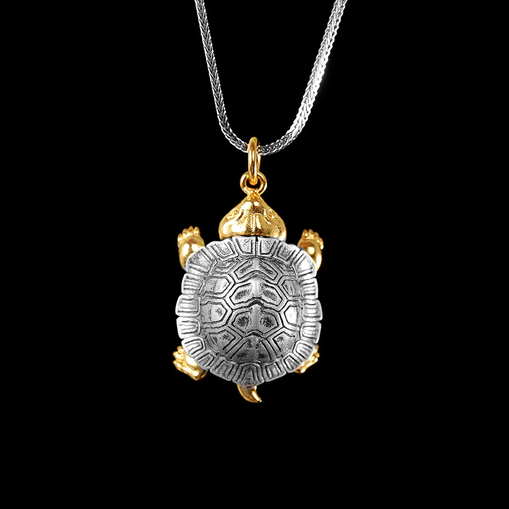 Gold Bronze Movable Feet Turtle Dragon Turtle Pendants for Men 925 Silver China Myth Animals Necklaces NO Chain Ethnic Jewelry