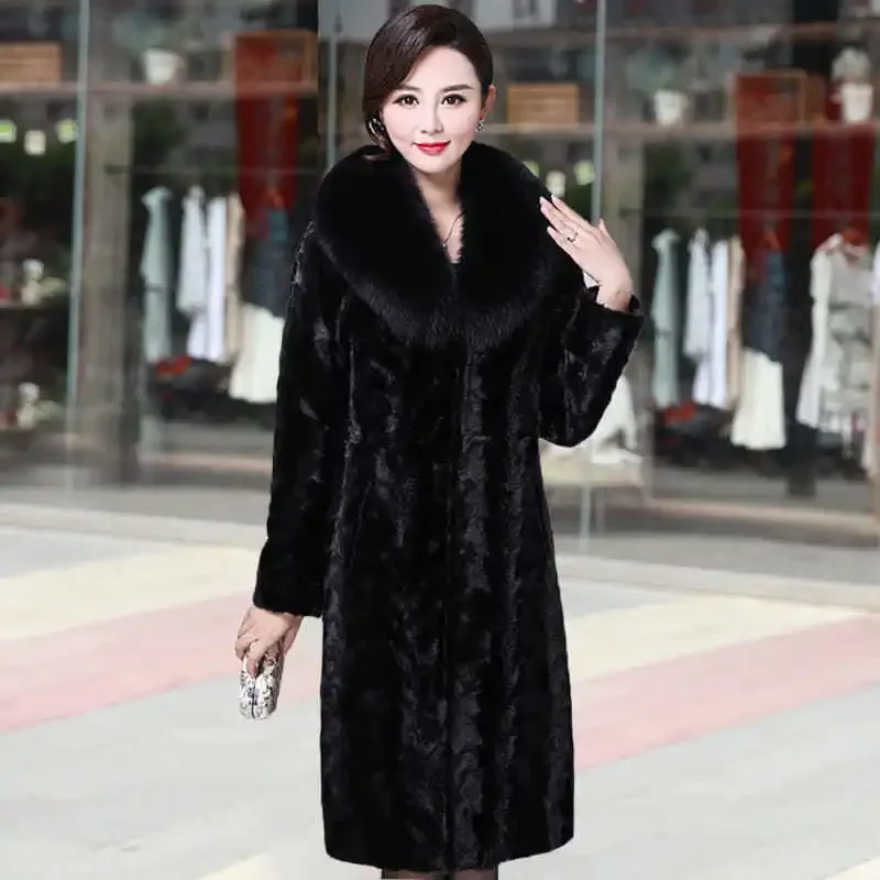 Women\'s Winter Mink Fur Coat Warm Black with Mink Fur Mid-length Fox Fur Collar Coat Plus Size Plus Size Thick and Elegant