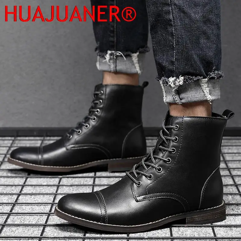 New Spring Autumn Fashion Brown Leather Men\'s High Boots Pointed Motorcycle Boots Men Outdoor Waterproof Ankle Boots Big Size 48