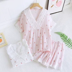 Japonês verão novo pijama feminino de manga curta shorts conjunto de duas peças 100% algodão crepe com decote em v tamanho grande homewear terno feminino