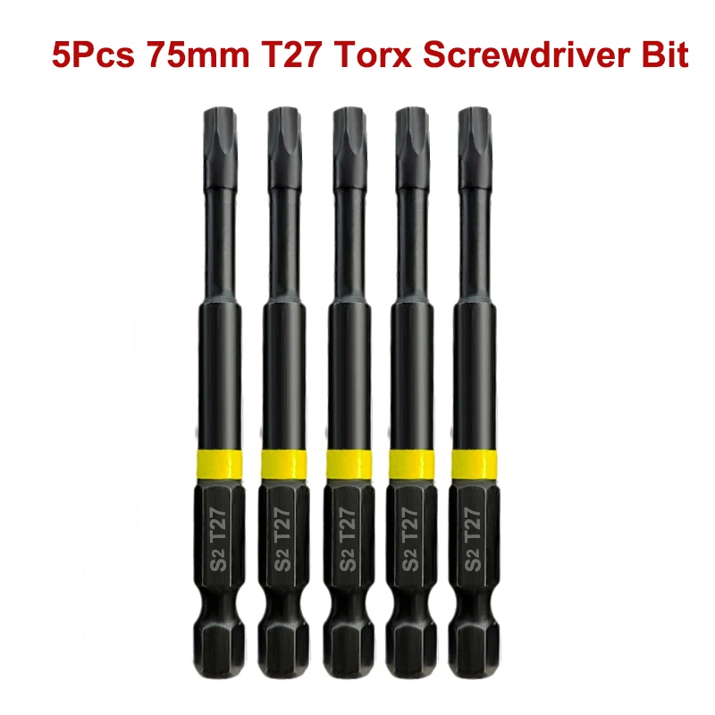 Security Torx Star Bits Set, Hex Shank, Tamper Resistant, Magnetic Screwdriver Bit, T20, T25, T27, T30, T40, 5Pcs, 75mm, 1/4\