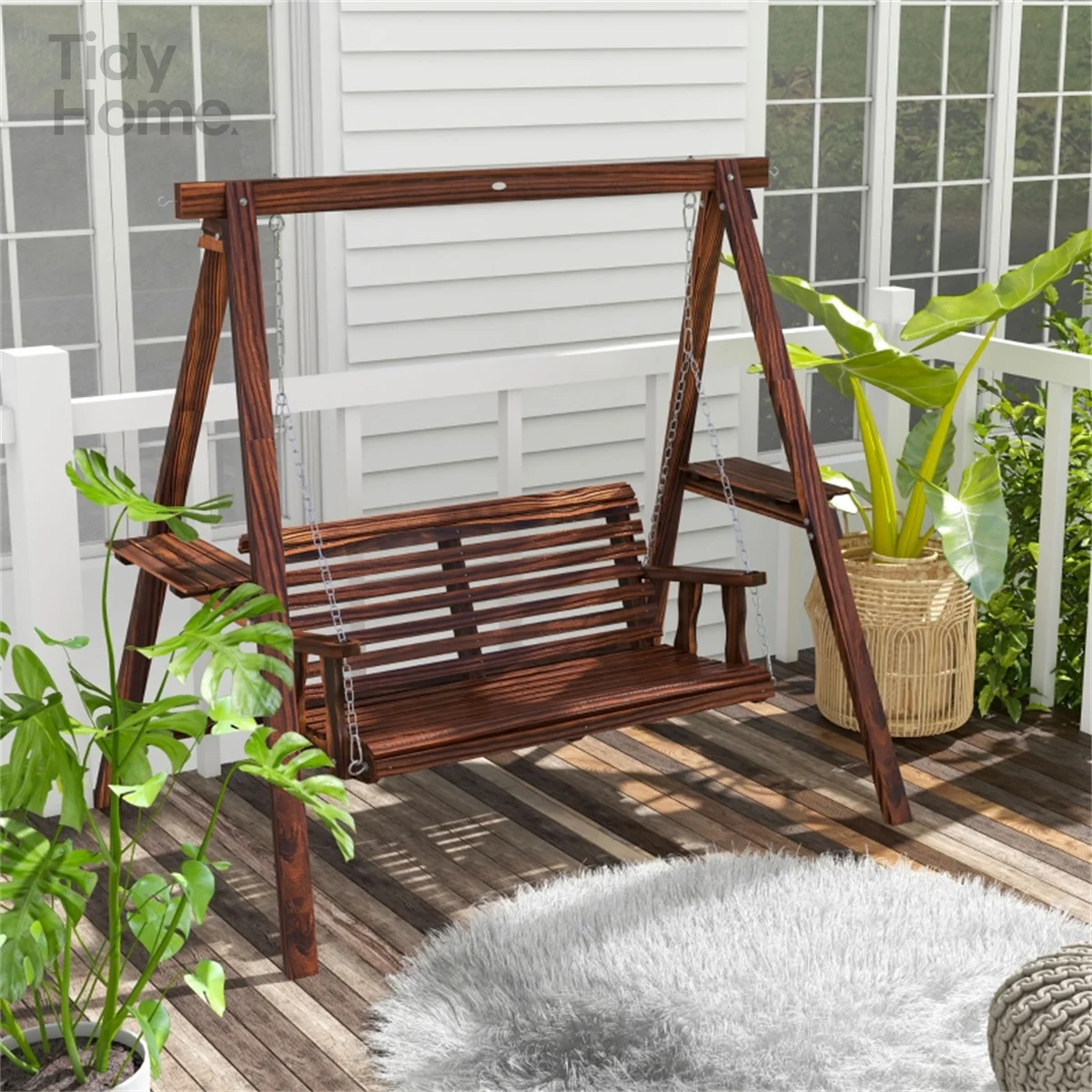 

2 Seat Porch Swing with Stand Wooden Patio Swing Chair Side Tables Metal Chains Outdoor Swing Bench Garden Poolside Relaxation