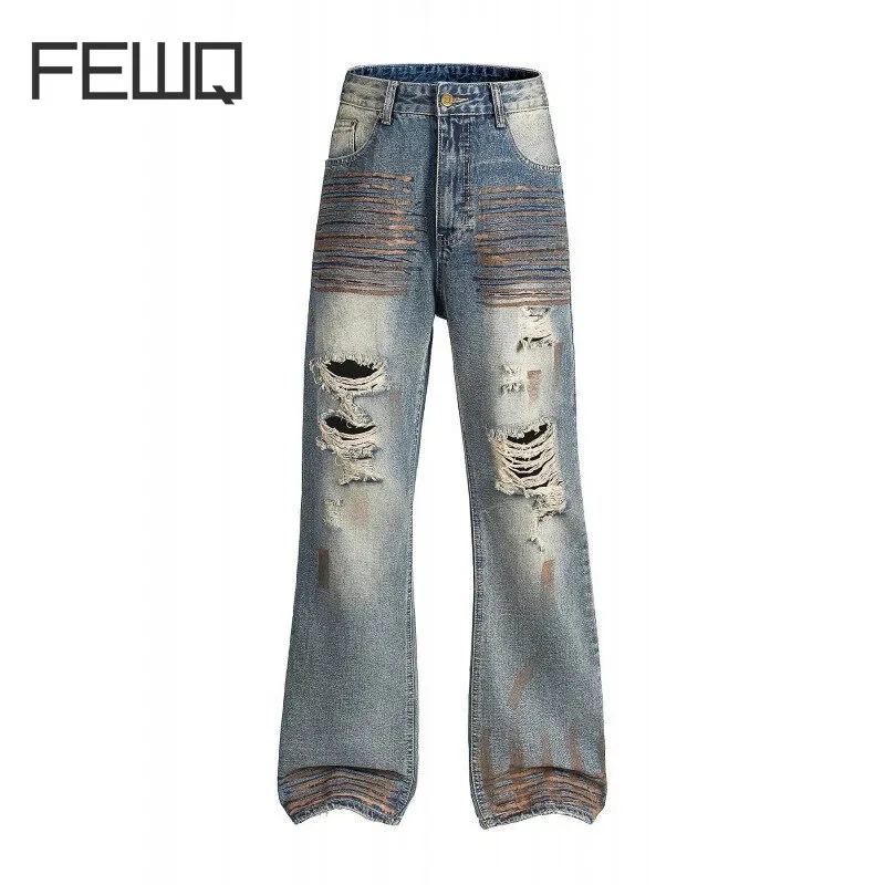 FEWQ Tie Dye Ripped Jeans Men Trendy Hole Contrast Color Scraping Worn-out Vintage Straight Leg Boot-cut Trousers Niche 24K1181