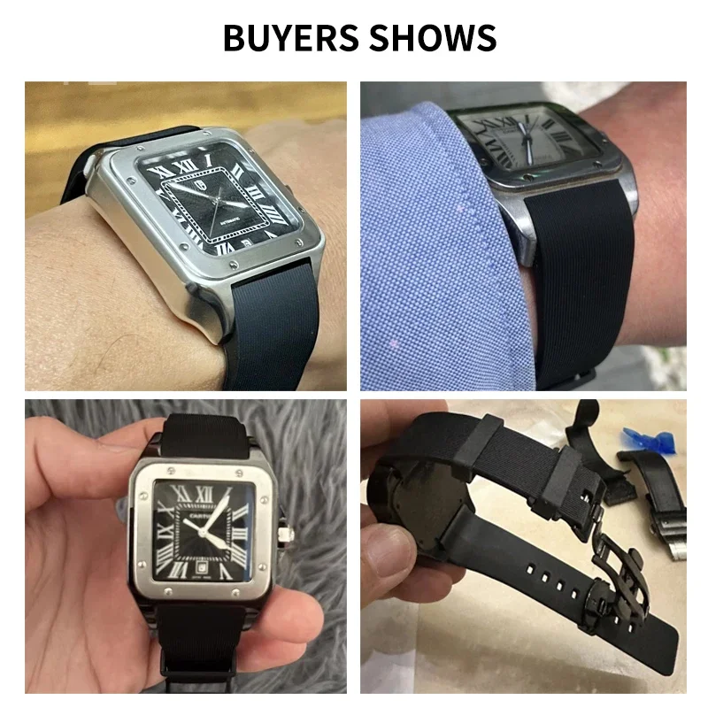 الرياضة في الهواء الطلق مقاوم للماء Sweatpoof تنفس واجهة مسطحة سيليكون حزام الساعات لكارتييه سانتوس ساندوز الصلب مشبك حزام