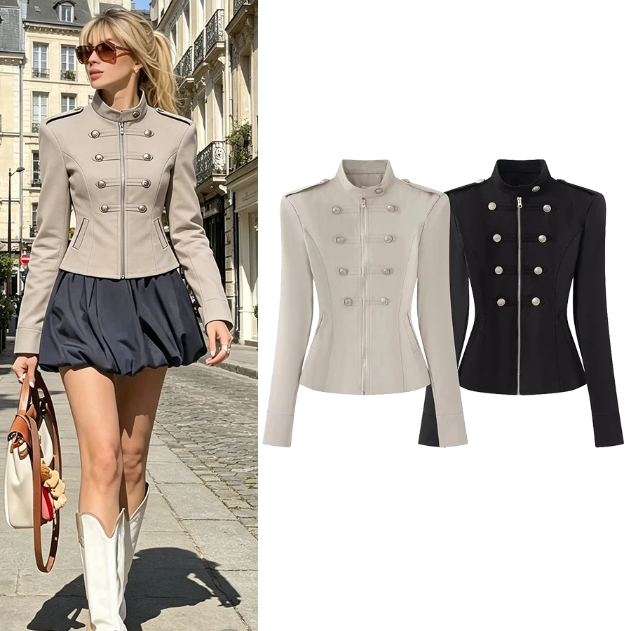 Women Fall Clothes For Women Napoleon Jacket Coat Double Row Buttons Cinched Short   Retro Metal  Lady Outerwear