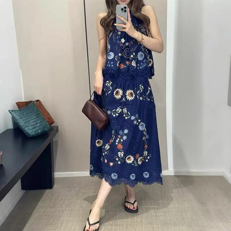 

Bla Floral Embroidery Crop Top with High Waist Skirt Hollow out Design Vintage Sle Cotton Blend Women's Vest Dr