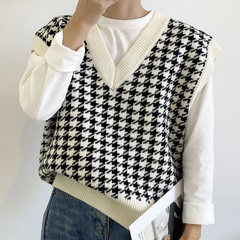 

Vintage Houndstooth Pullover Sweater Vest Women 2022 Sleeveless Loose Knitted Vest Women Waistcoat V Neck Jumper Sweaters 17502