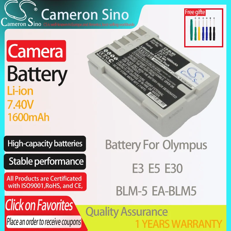 CameronSino Battery for Olympus E3 E5 E30 fits Olympus BLM-5 EA-BLM5 Digital camera Batteries 1600mAh 7.40V Li-ion White