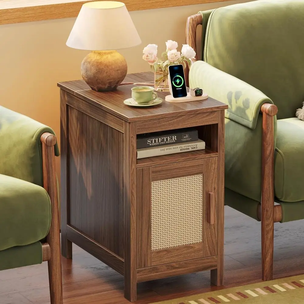 Narrow Night Stand, End Table with Charging Station, USB-C Port, Rattan Side Table with Cabinet and Open Shel, Synthetic Rattan,