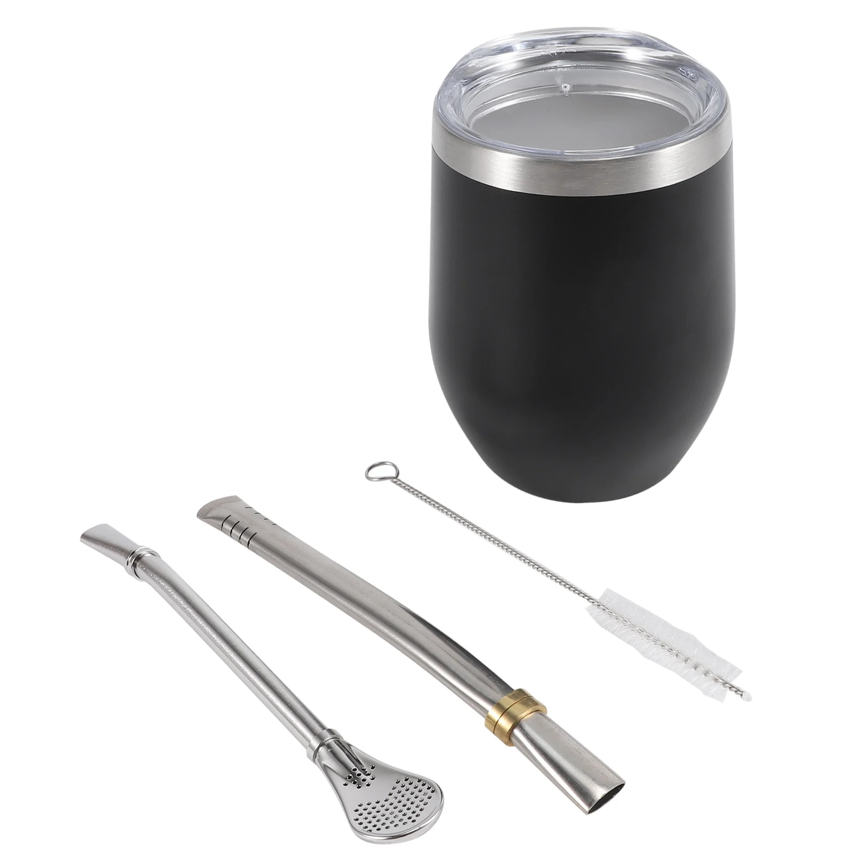 Hot sale Yerba Mate Gourd Tea Cup Set 12Oz,Double-Wall Stainless Coffee Water Cup with Lid 2 Bombillas Straws Spoon&Brush,Black