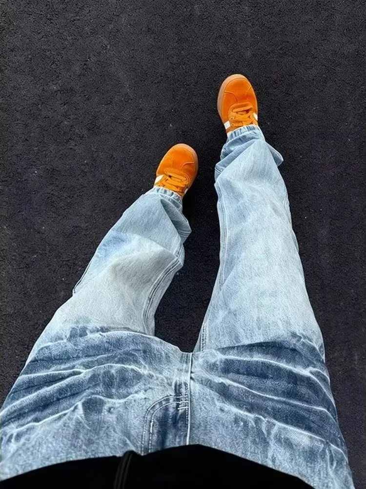 

Retro American Lightning Pattern Blue Jeans Men's Straight Leg Slimming Micro Flared Knife Pants High Street Cool