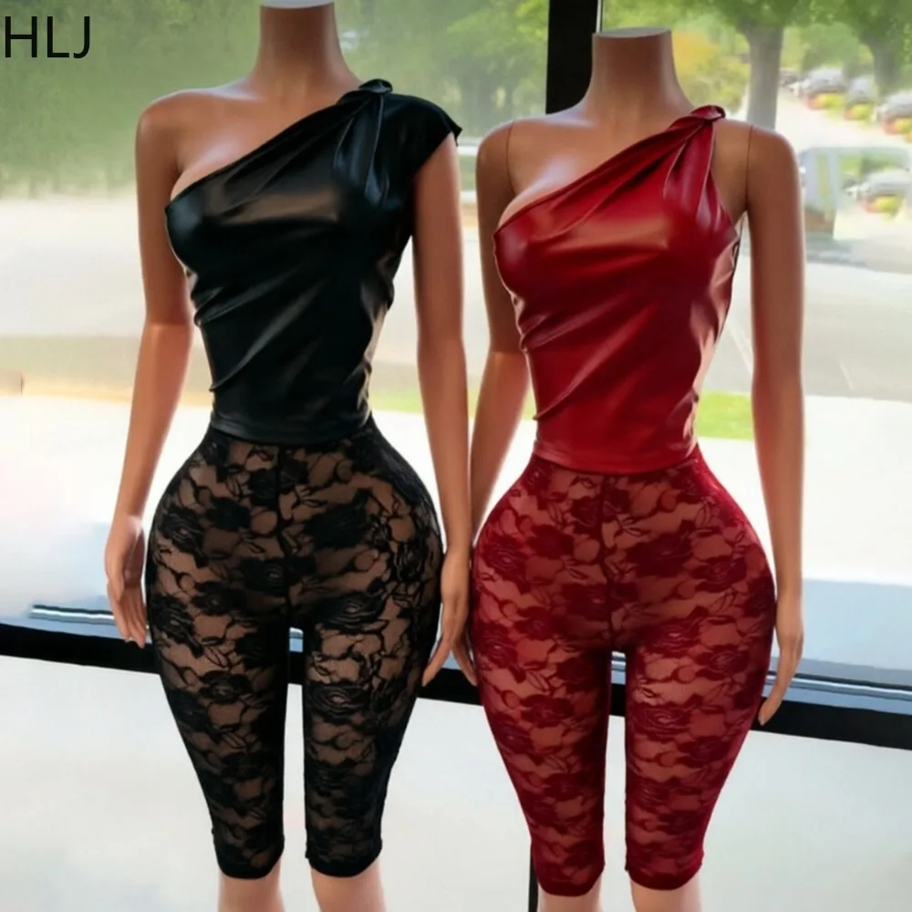 HLJ Sexy Two Piece Matching Set Women Ruched Leather One Shoulder Top Floral Sheer Lace Capri Leggings Night Club Party Outfit