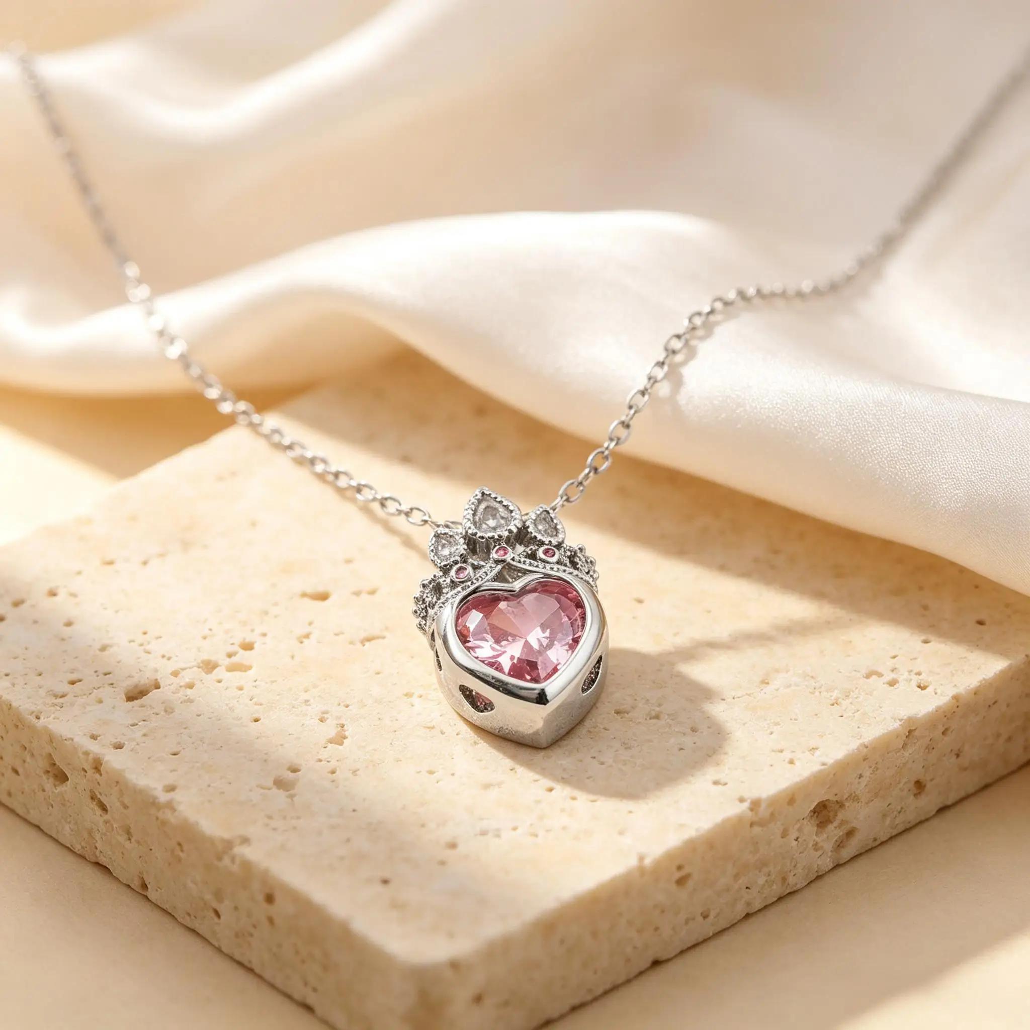 Cute And Romantic Pink Crystal Crown Heart‑Shaped Pendant Necklace Women's Fashion Jewelry And Accessories Party Jewelry Gifts