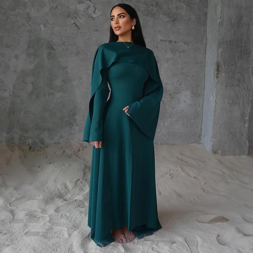 Modest Evening Dress Long Sleeves O Neck Cape Hunter Green Jersey Women\'s Evening Gowns 2024 Elegant Wedding Party Dresses Maxi