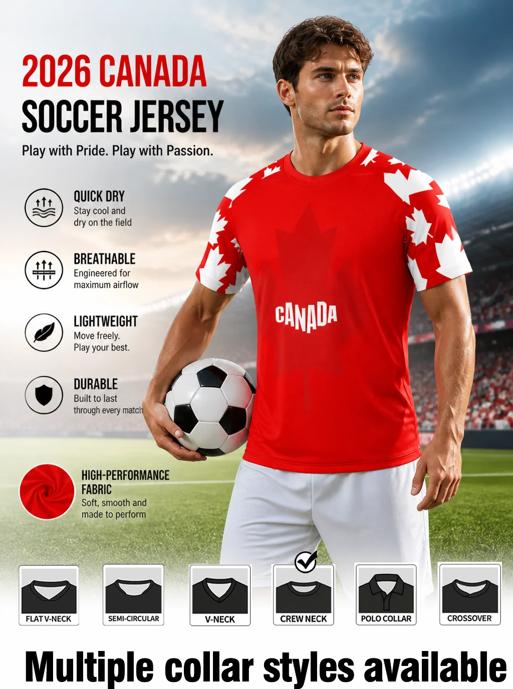 Canada themed football jersey,subtle chest maple‑leaf,maple‑leaf spliced sleeves,moisture‑wicking fabric,athletic fit
