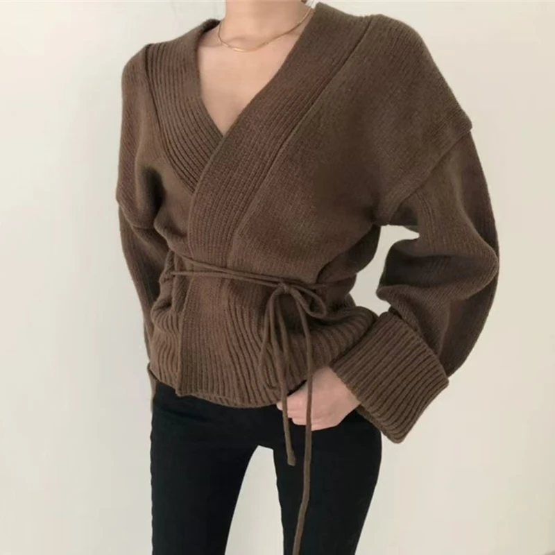 Cardigan tricoté à col en v pour femme, pull ajusté à lacets, nouvelle veste courte à manches longues, vêtements décontractés de couleur unie, automne et hiver