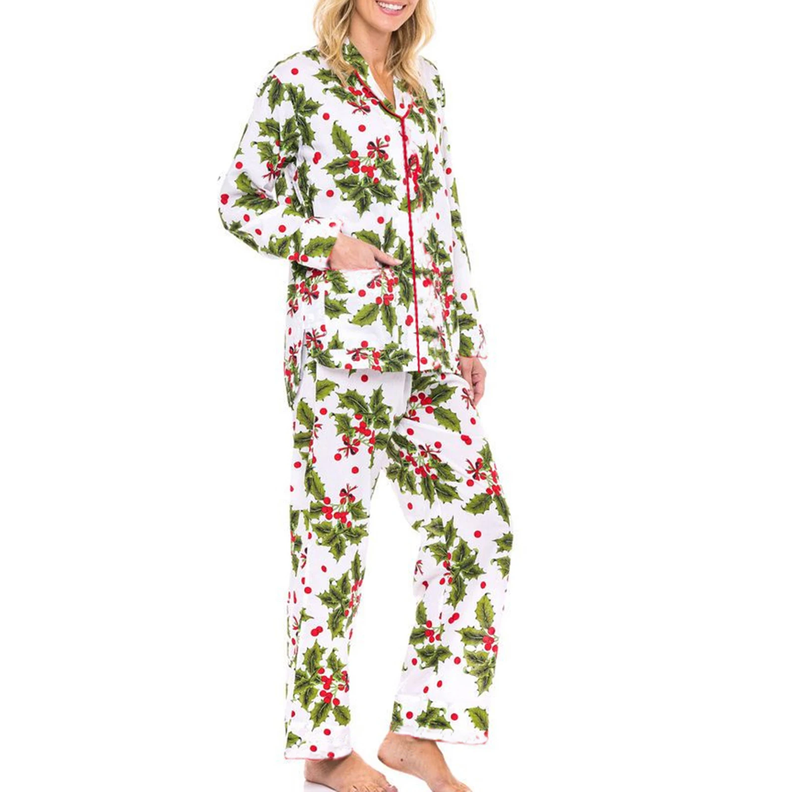 HEZIOWYUN Women’s 2 Piece Christmas All-over Printed Pajama Set Scalloped Trim Long Sleeve Button Up Shirt + Pants Loungewear