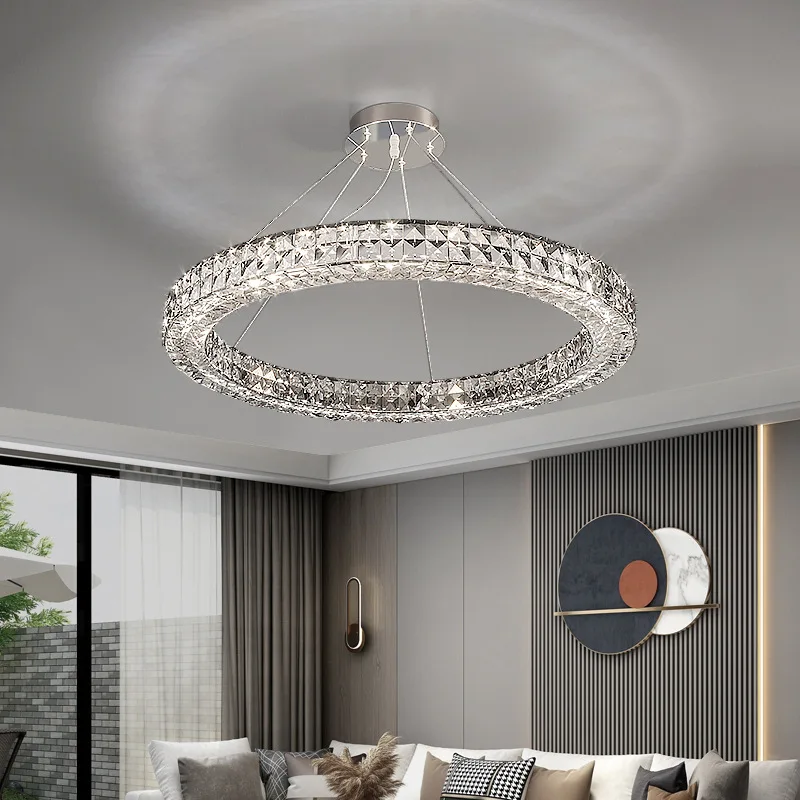 

Light luxury crystal chandelier modern minimalist LED living room light circular bedroom dining room villa lobby chandelier