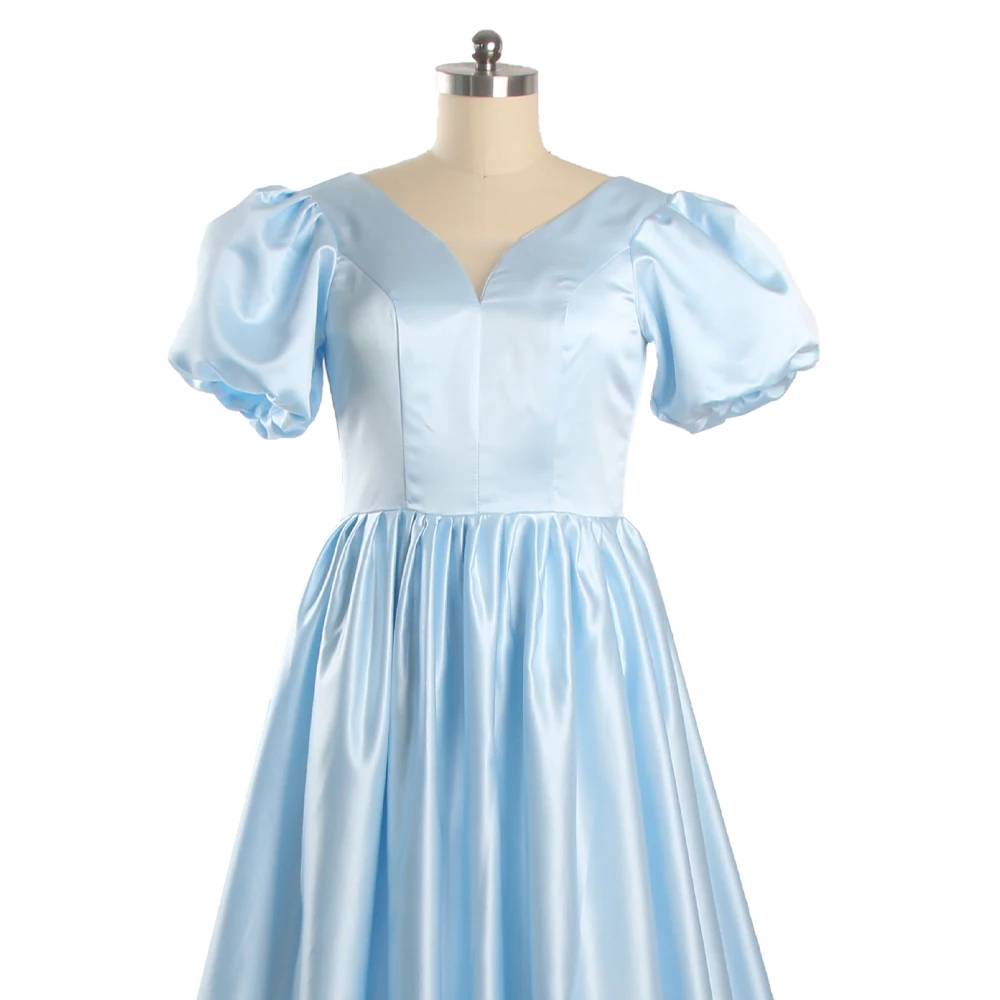 Vestidos de noite cetim brilhante céu azul simples mangas curtas puff rendas até plissado a linha andar comprimento mais tamanho vestido de festa b1918