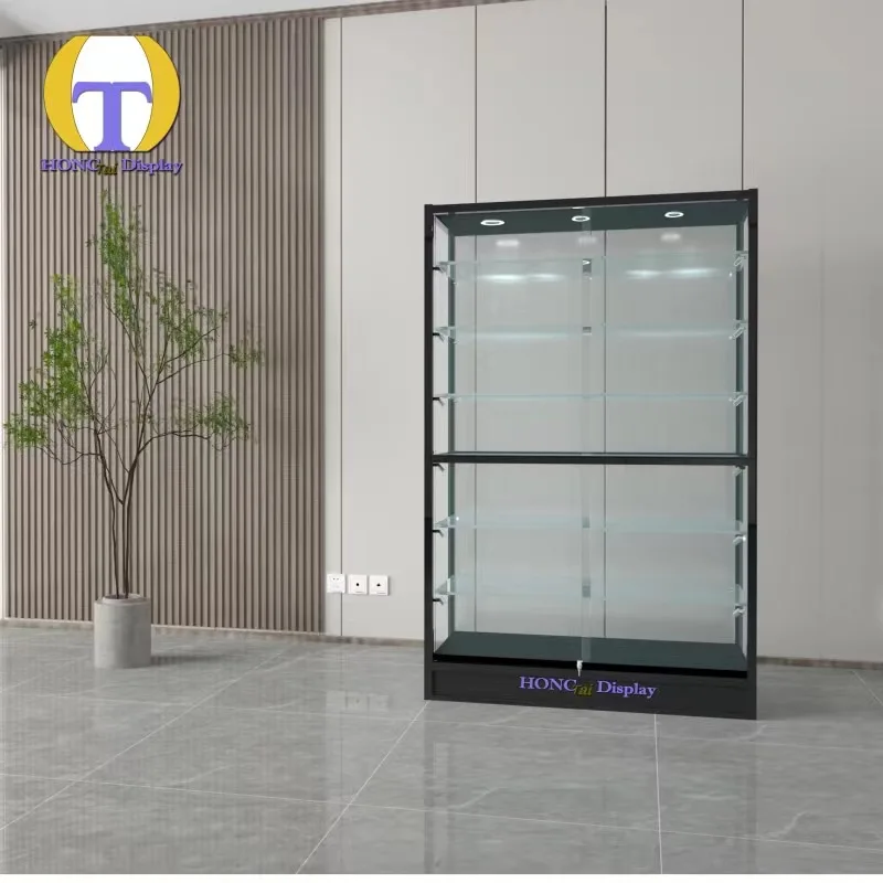Custom.Latest Design Triangular Tempered Glass Cabinet of Black Base Smoke Shop Frameless Glass Display Corner With Lock