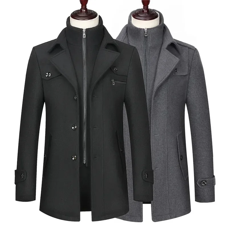 

Business Fashionable Woolen Men Coat Double-layer Neckline Detachable Single-layer Coats Jackets Wool Blends Mens