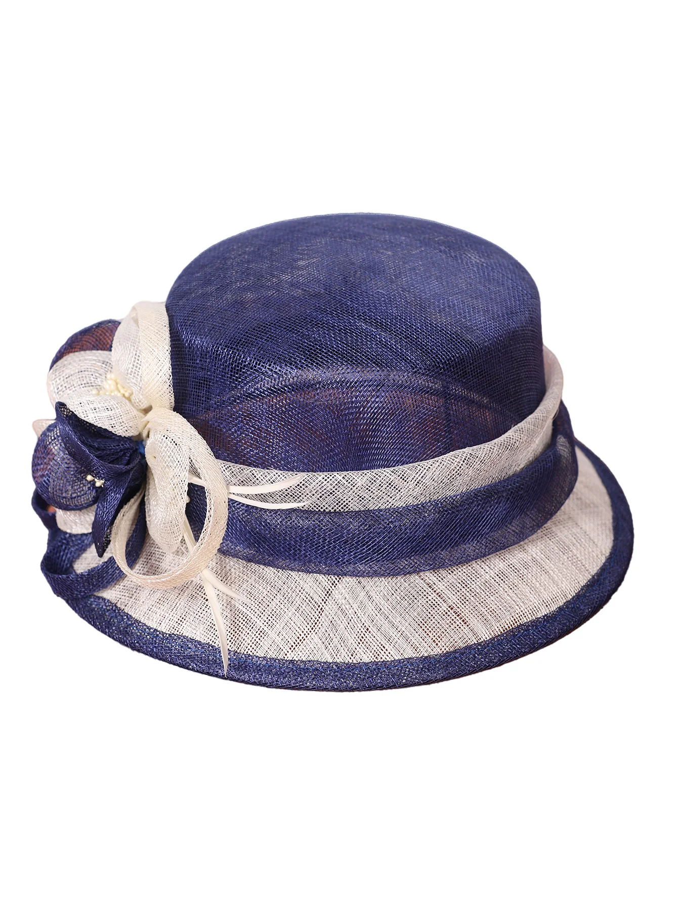 FS Brytyjski niebieski biały kapelusz ślubny Sinamay dla kobiet Kapelusz kościelny Elegancki kwiat z szerokim rondem Fedoras Kentucky Derby Party Hat — zdjęcie 7
