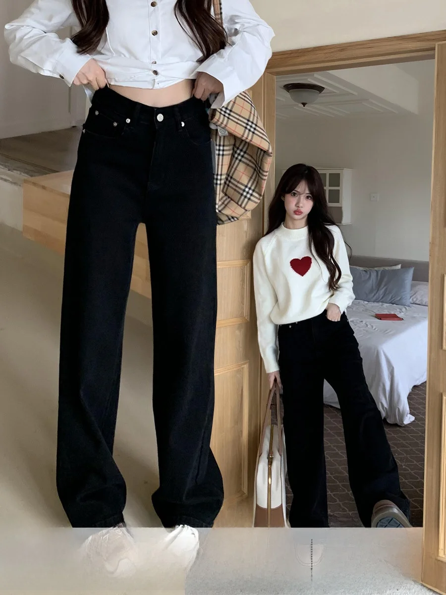

Black High-Waist Straight-Leg Stretch Denim Jeans Women's Vintage Spring Fitted Floor-Length Pants Four-Sided Elastic