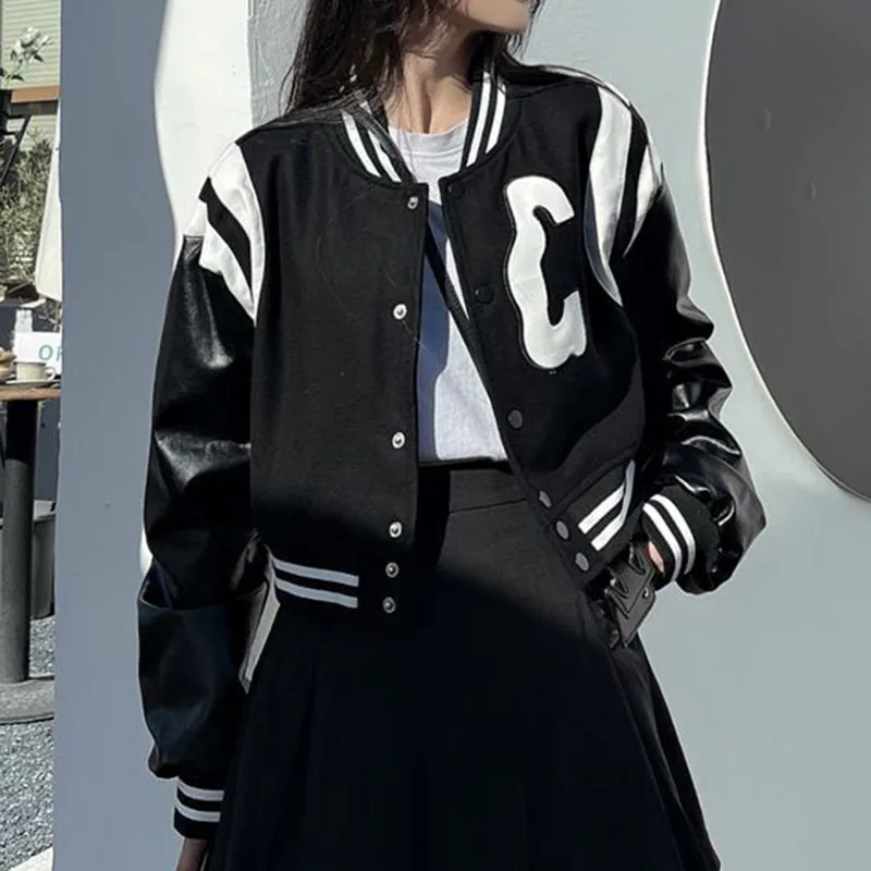 Black Baseball Jacket Women Long Sleeve Pu Patchwork Cropped Bomber Jackets Fashion Loose Outwear Streetwear Female Coat