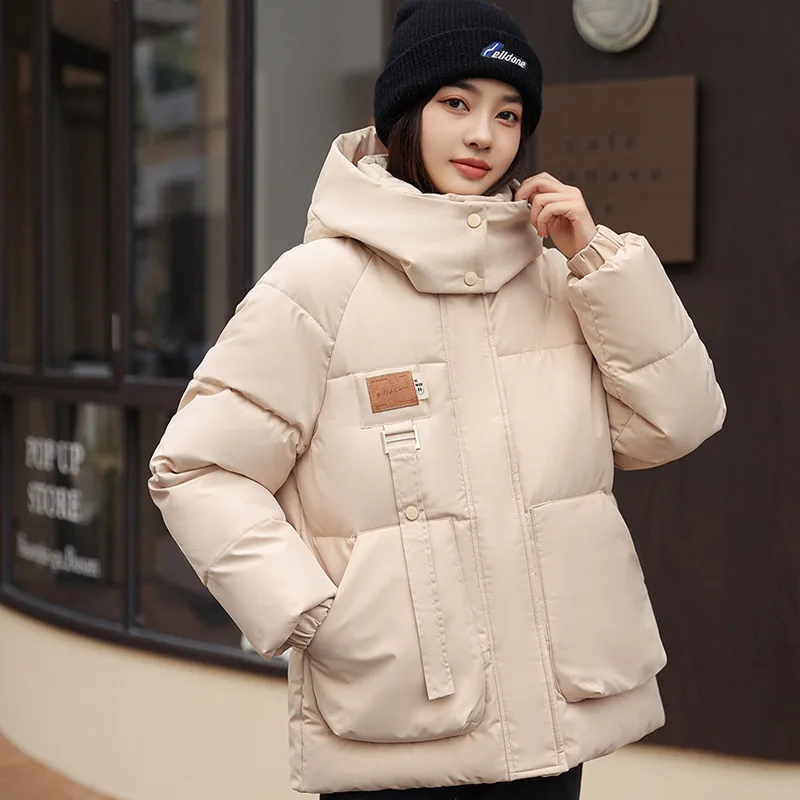 Jaqueta puffer com capuz com gola alta para mulheres, manga longa coreana, jaqueta de algodão, casacos de bolso, preto, grosso, quente, inverno