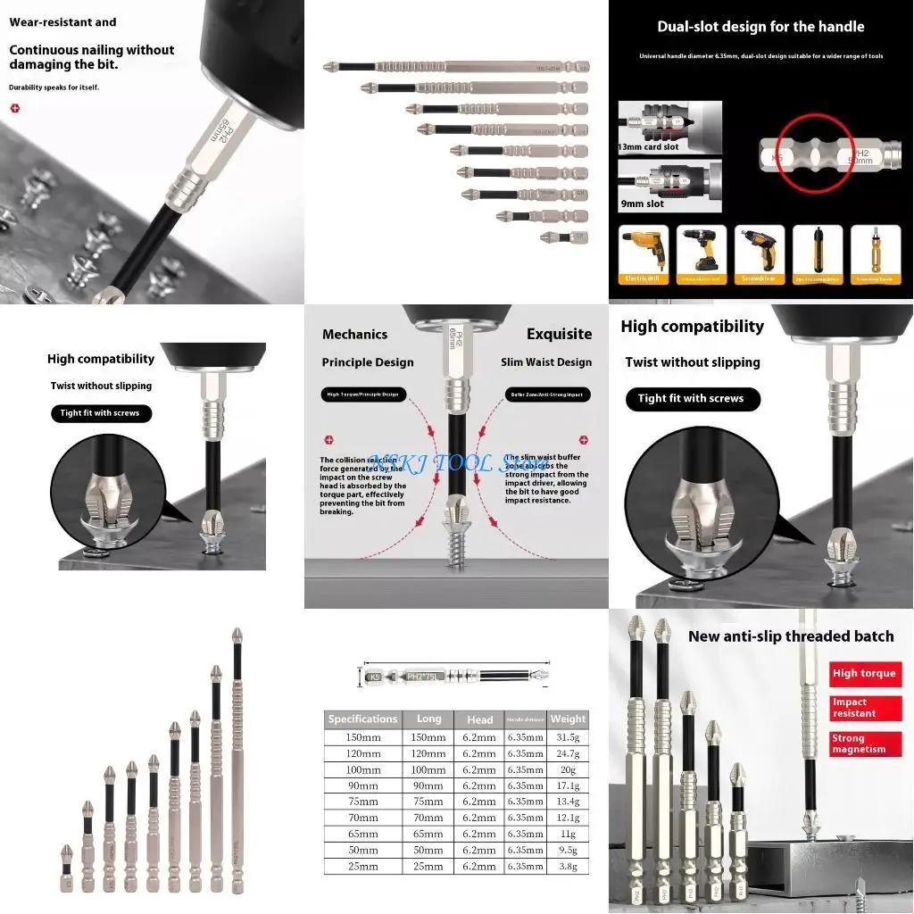 Juego puntas destornillador magnético L8RC, 9 Uds., PH2, tornillo vástago hexagonal antideslizante, cabeza cruzada