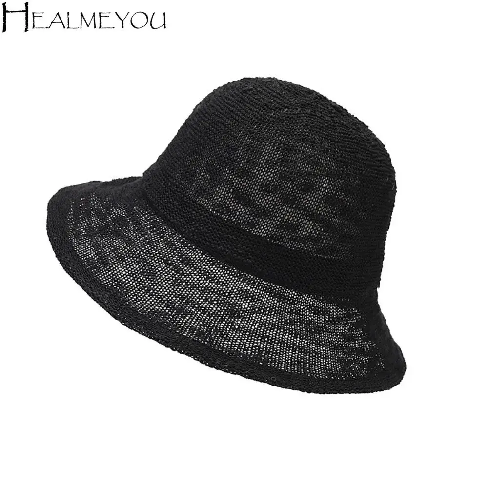 

Foldable Korean Knitted Bucket Hat Cotton Yarn Thin Fisherman Hat Breathable Sunscreen Basin Cap Beach