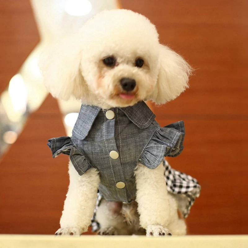 Pet Spring Summer Cowboy Clothes Dog Girls Plaid Denim Dress Small Medium Dogs Bubble Bowknot Skirt Pet Puppy Shirt Jumpsuit