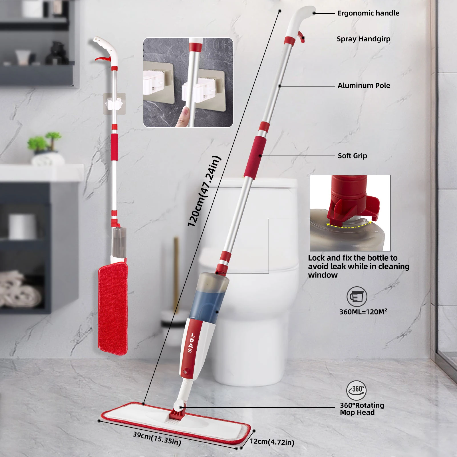 DARIS Spray Mop for Floor and Window Cleaning, 500ml Bottle, 2+2 Microfiber Mop Pads, Scraper, Mop Clip, Wet and Dry Use