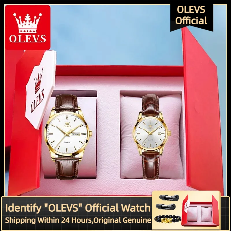 OLEVS 6898 Couple Quartz Watch Fashion High Quality Waterproof Leather Strap Top Luxury Brand Men's and Women's Couple Set Watch