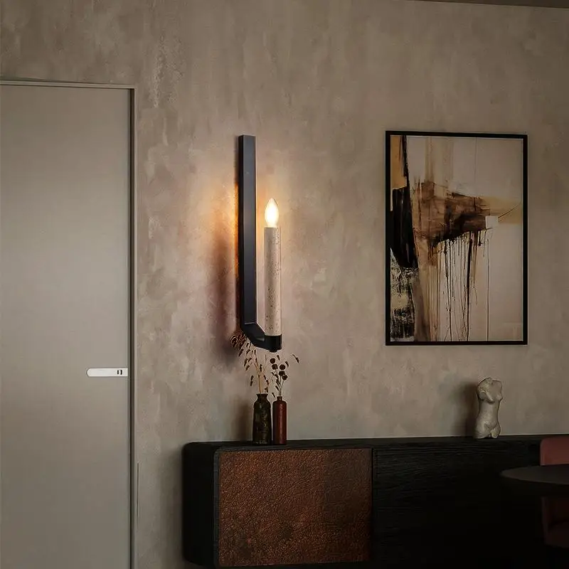 Natural Travertine Marble Wall Lamp Retro Candle Wall Sconce Living Room Bedroom Villa Corridor Simple Stone Decoration Item E14