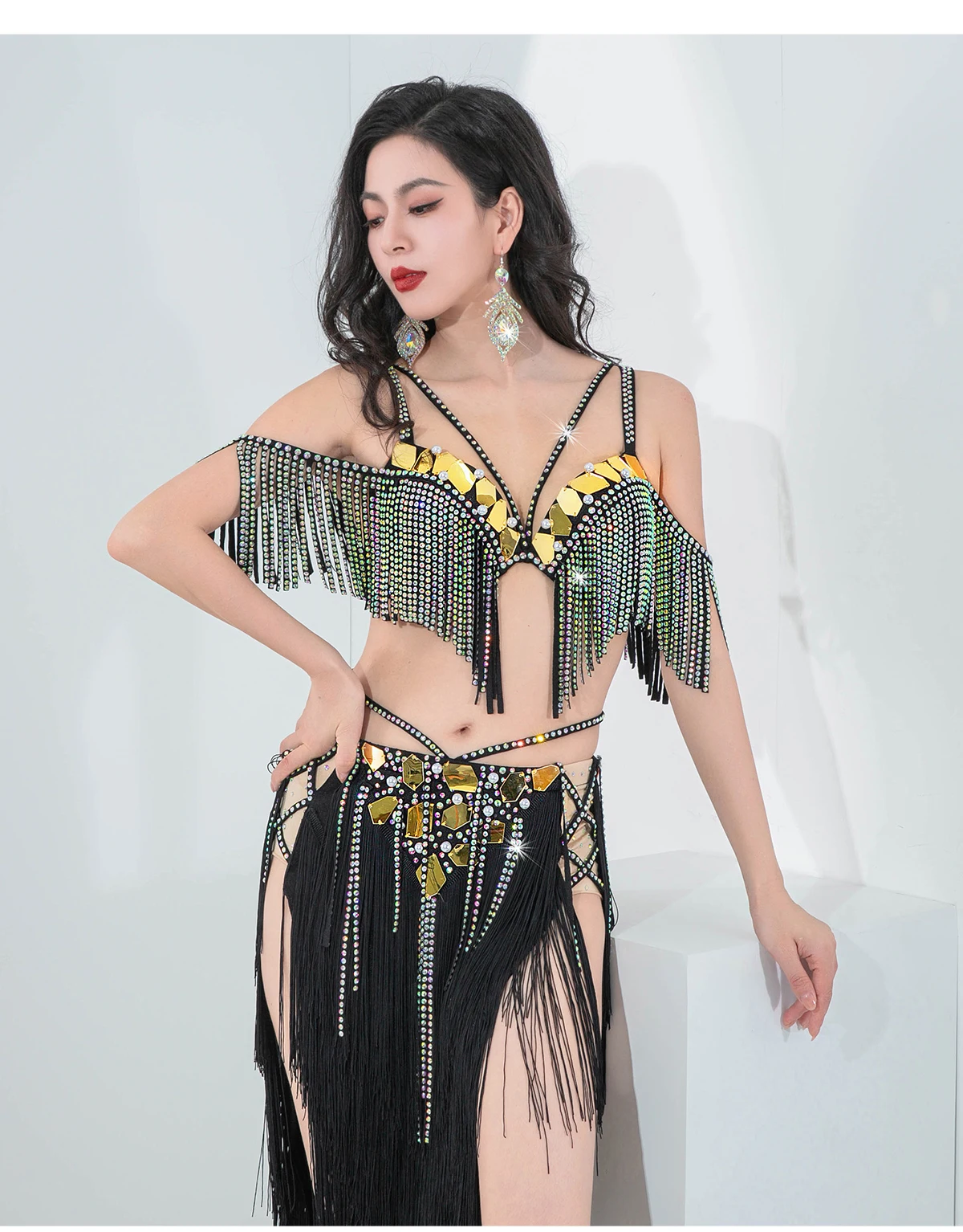 Sexy feminino tambor solo dança abertura traje de dança competição dança do ventre oriental frisado sutiã franjas hip saia 2 pçs outfit