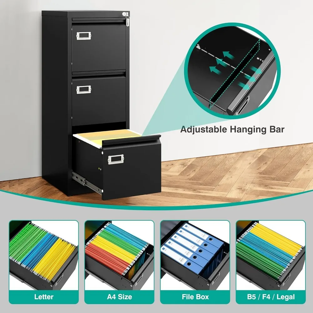 Narrow Vertical Three-Drawer Metal File Cabinet with Lock, Secure Storage for Small Black Filing Needs