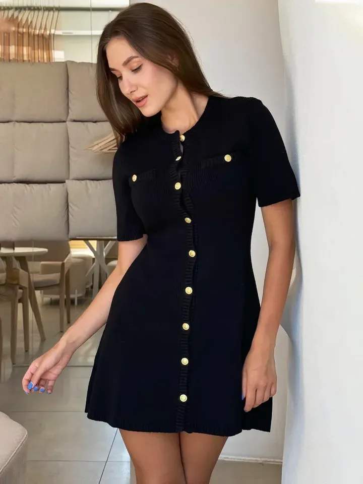  Trendix Elegant Knit Mini Dress Women Street Slim High Waist Short Sleeve Rib Sweater Dresses Vacation Bodycon Knitwear Dress 